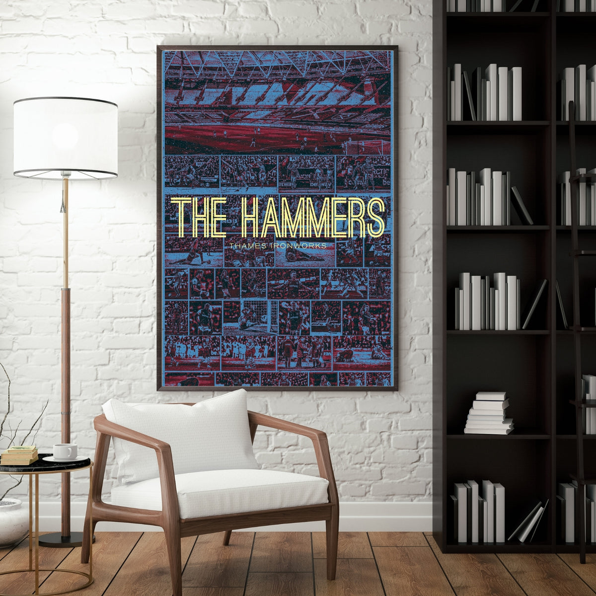 West Ham United football poster displayed in a modern interior with a black frame