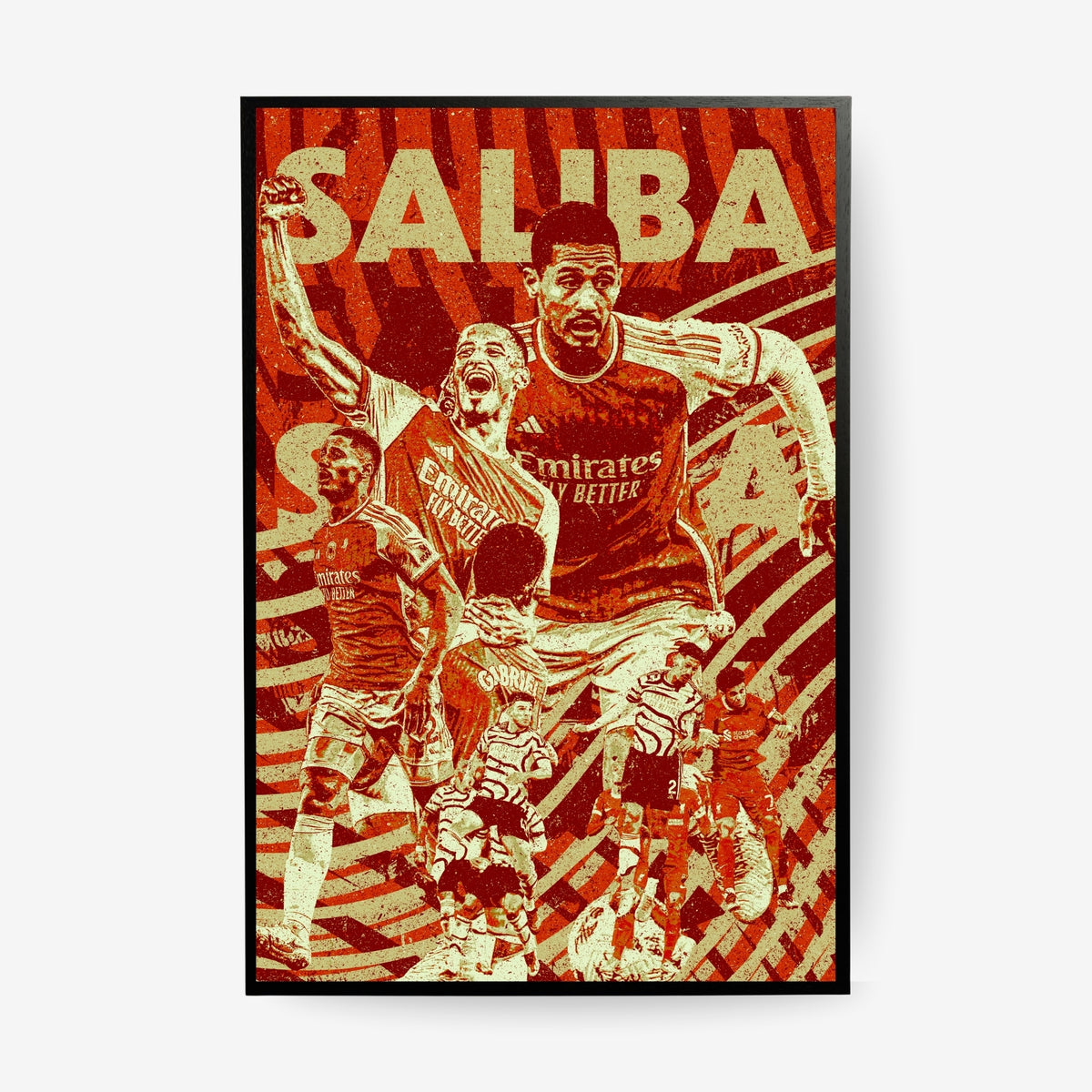 William Saliba Arsenal poster in a black frame featuring a red and cream football collage