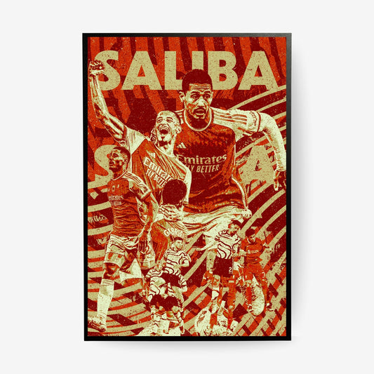 William Saliba Arsenal poster in a black frame featuring a red and cream football collage