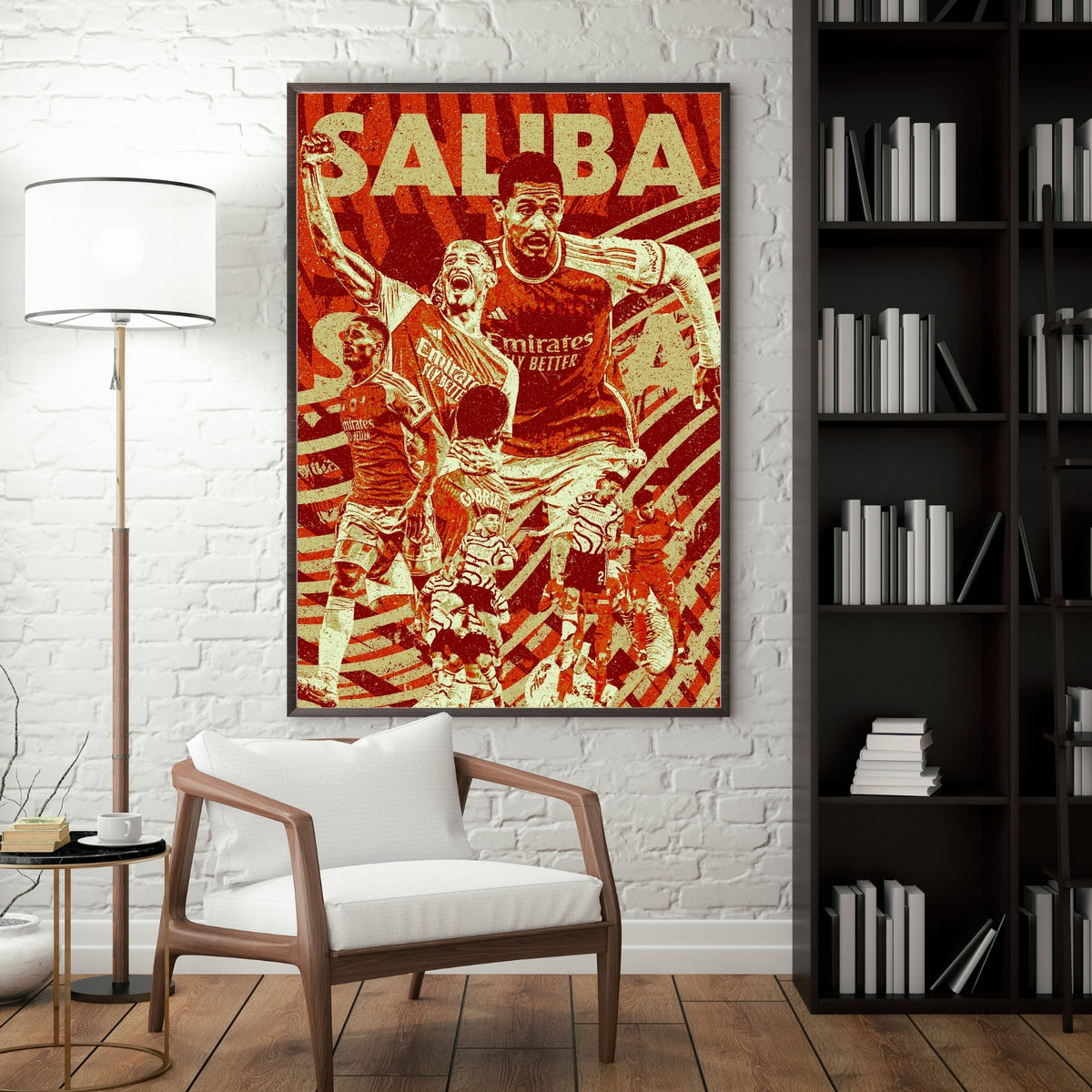 William Saliba Arsenal poster displayed in a modern interior with a dark frame