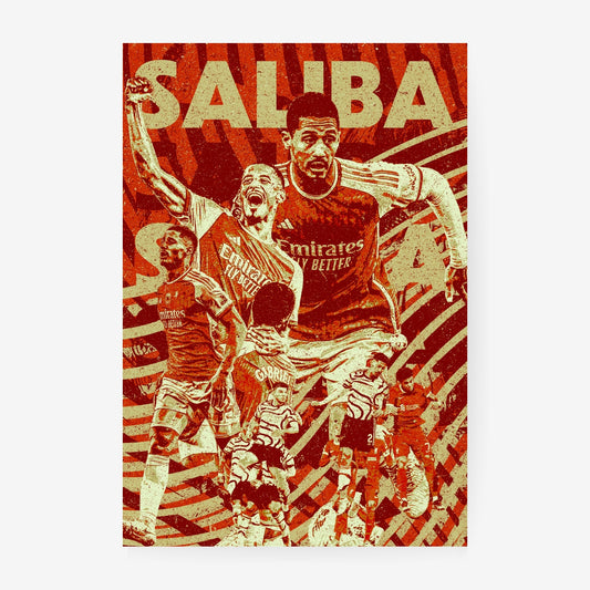 William Saliba Arsenal poster featuring a stylized red and cream collage of the defender