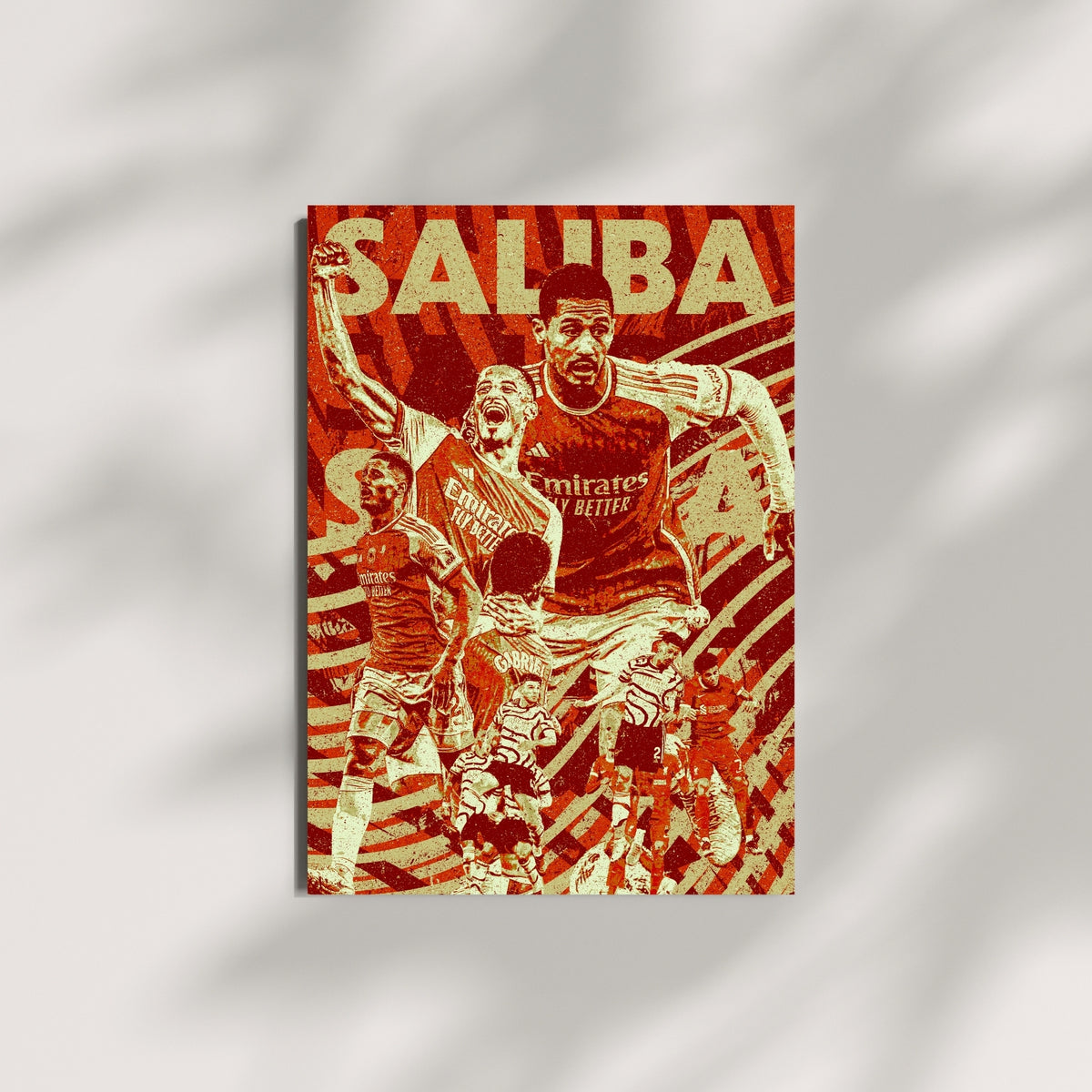 William Saliba Arsenal wall art displayed against a minimalist wall