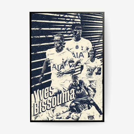 Yves Bissouma football poster in a black frame featuring a vintage Tottenham Hotspur collage