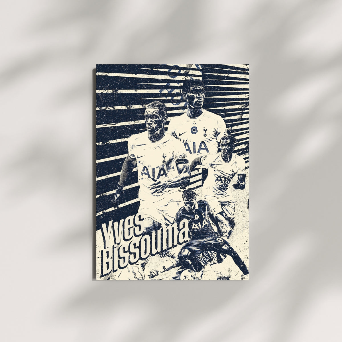 Yves Bissouma football wall art featuring a vintage navy and cream Tottenham design
