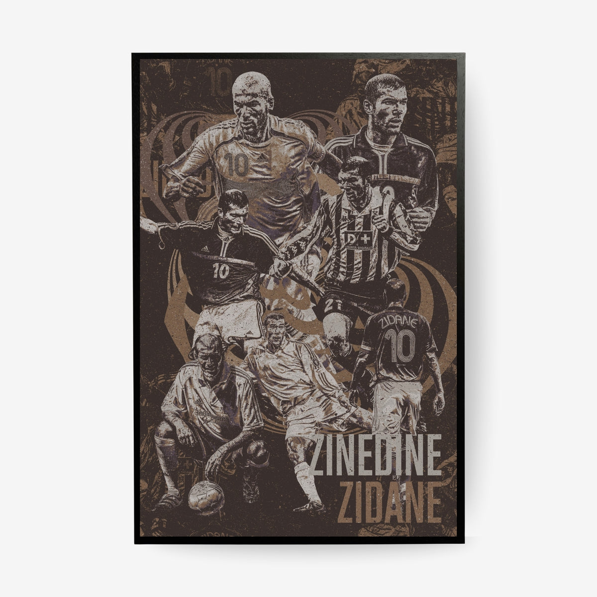 Zinedine Zidane football poster in a black frame featuring iconic moments from his France, Real Madrid and Juventus career in a vintage collage design