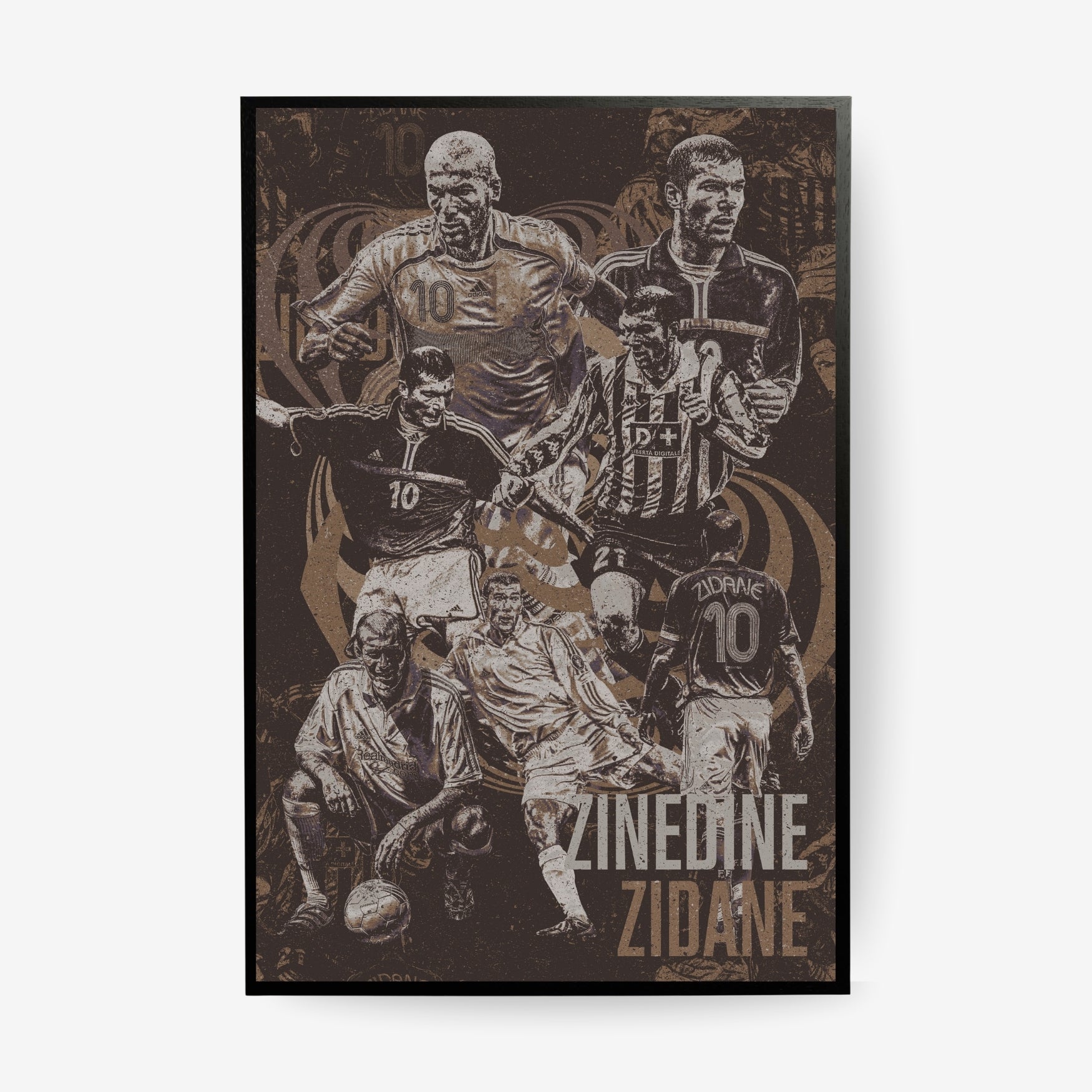 Zinedine Zidane football poster in a black frame featuring iconic moments from his France, Real Madrid and Juventus career in a vintage collage design