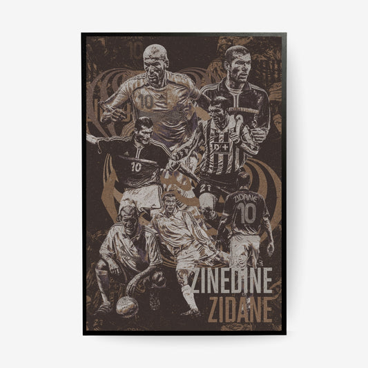 Zinedine Zidane football poster in a black frame featuring iconic moments from his France, Real Madrid and Juventus career in a vintage collage design