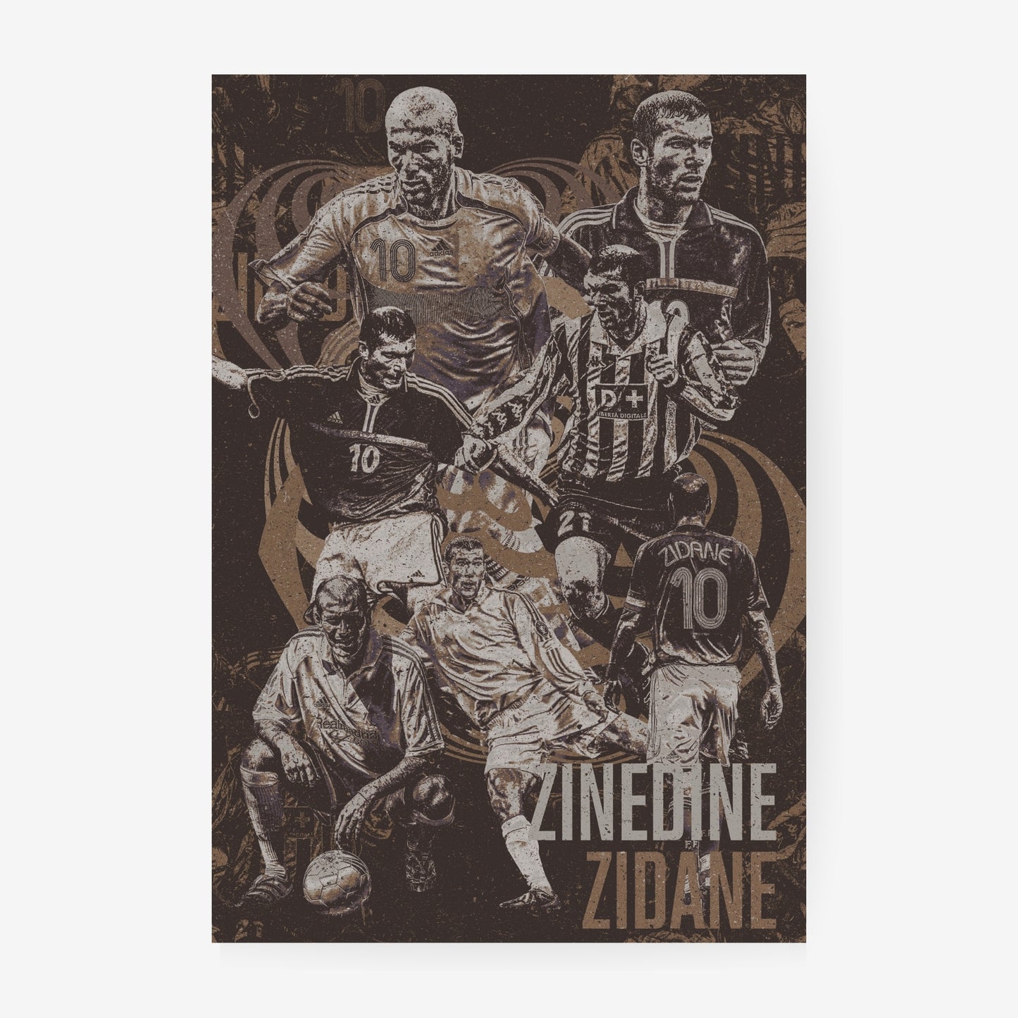 Zinedine Zidane football poster featuring iconic moments from his France, Real Madrid and Juventus career in a vintage distressed collage design