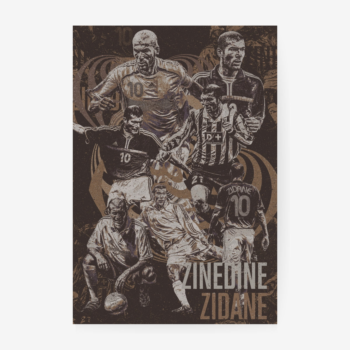 Zinedine Zidane football poster featuring iconic moments from his France, Real Madrid and Juventus career in a vintage distressed collage design