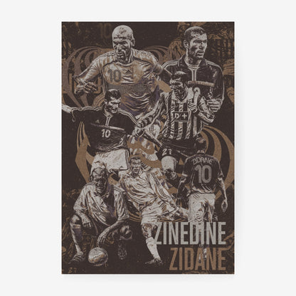 Zinedine Zidane football poster featuring iconic moments from his France, Real Madrid and Juventus career in a vintage distressed collage design