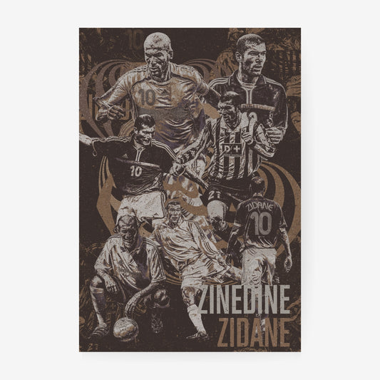 Zinedine Zidane football poster featuring iconic moments from his France, Real Madrid and Juventus career in a vintage distressed collage design