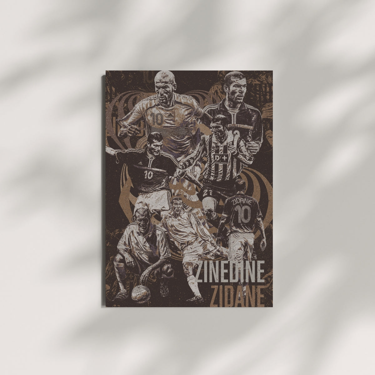 Zinedine Zidane football wall art featuring a vintage collage of iconic moments from his France, Real Madrid and Juventus career