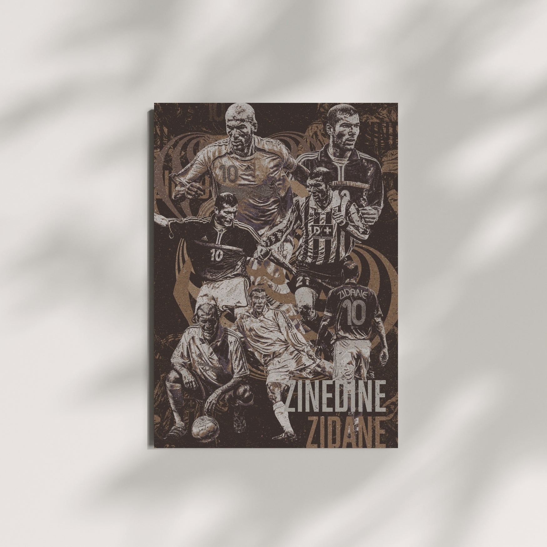 Zinedine Zidane football wall art featuring a vintage collage of iconic moments from his France, Real Madrid and Juventus career