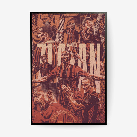 Zlatan Ibrahimović football poster in a black frame featuring iconic AC Milan moments in a vintage red and black collage design