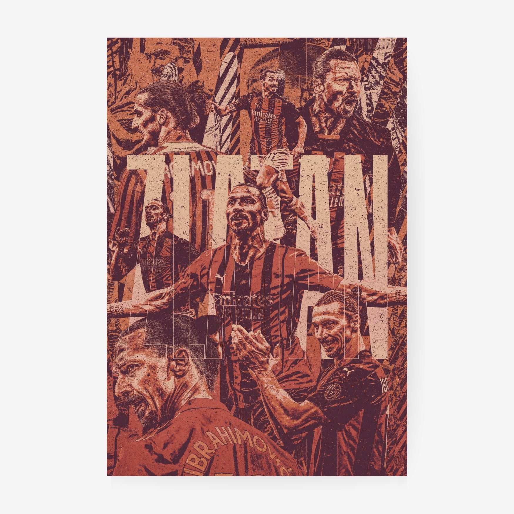 Zlatan Ibrahimović football poster featuring iconic AC Milan moments in a distressed red and black collage design