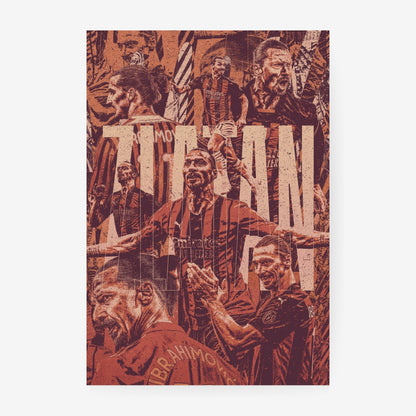 Zlatan Ibrahimović football poster featuring iconic AC Milan moments in a distressed red and black collage design