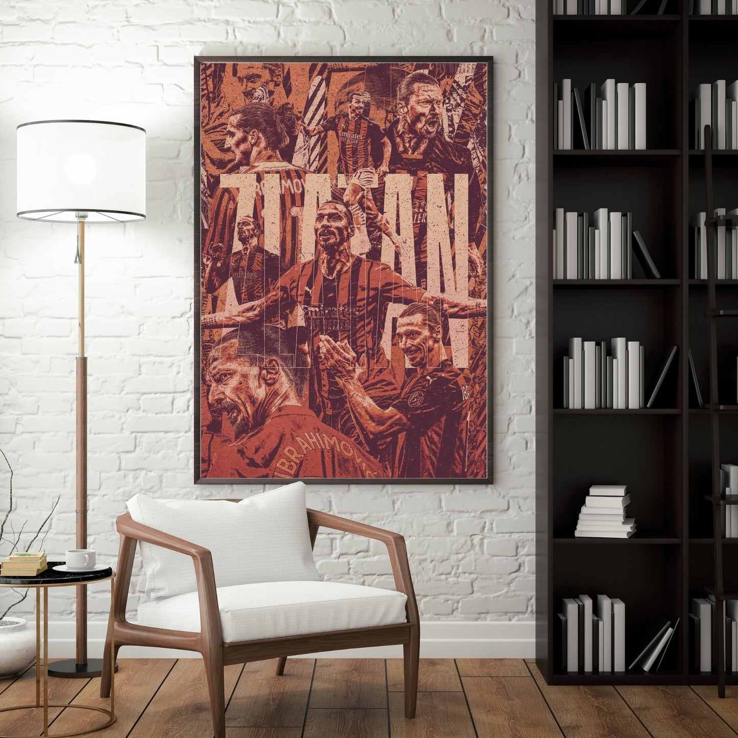 Zlatan Ibrahimović AC Milan football poster displayed in a modern interior with vintage red and black artwork